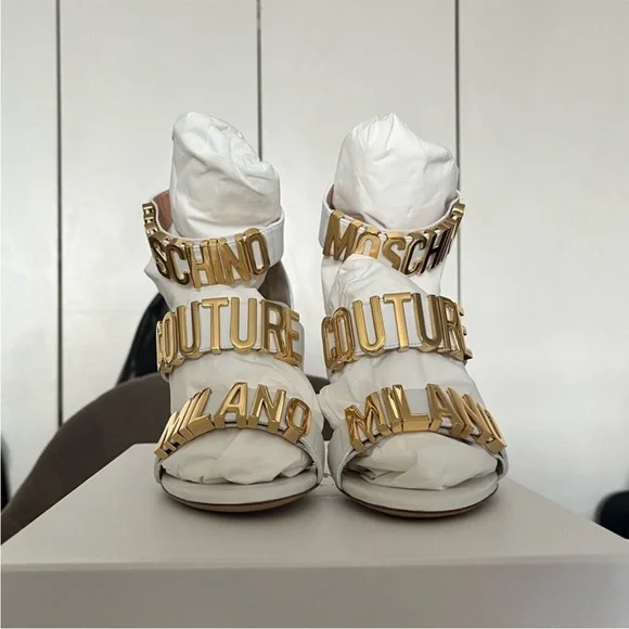 Moschino Couture Calfskin White Logo Sandals - Picture 5 of 9